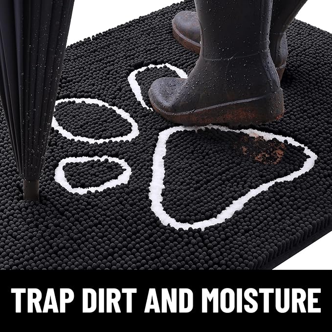 Smiry Dog Door Mat for Muddy Paws, Absorbent Dirt Trapper Non Slip Quick Dry Washable Chenille Mat for Mud Dogs, Entry Rug for Indoor and Outdoor (24x16 Inches, Black and White)