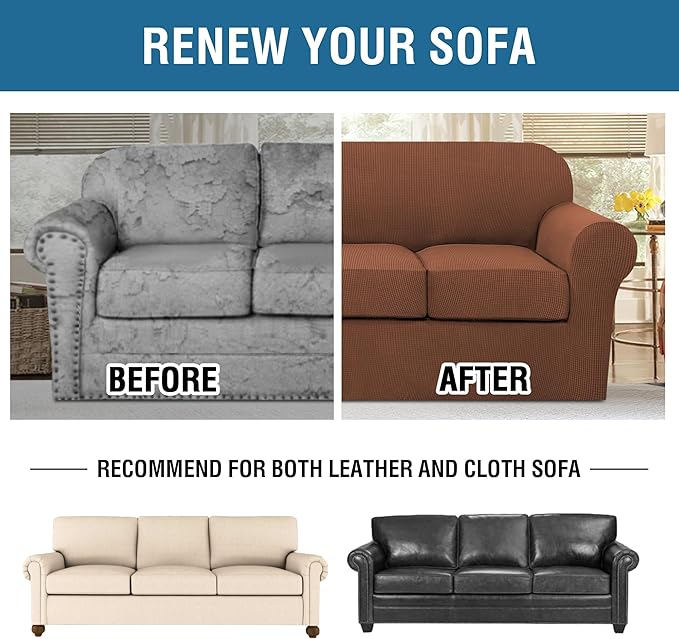 H.VERSAILTEX 4 Piece Stretch Sofa Covers for 3 Cushion Couch Covers for Living Room Furniture Slipcovers (Base Cover Plus 3 Seat Cushion Covers) Upgraded Thicker Jacquard Fabric (XL Sofa, Caramel)