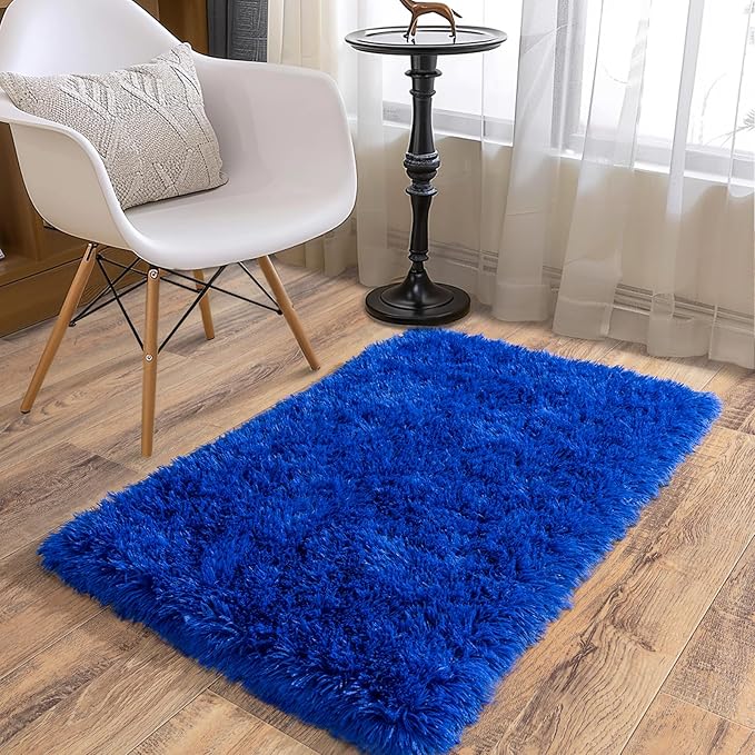 Soft Runner Rugs for Bedroom Hallways, 2x3 Royal Blue Fluffy Shag Throw Area Rug Non Slip for Bedside Dorm, Long Shaggy Furry Carpet for Nursery Living Room