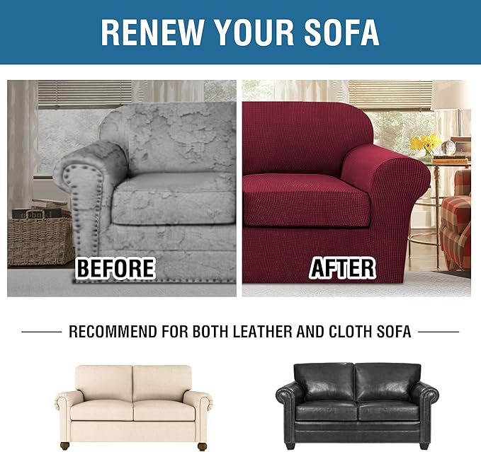 H.VERSAILTEX 3 Piece Stretch Sofa Covers for 2 Cushion Loveseat Couch Covers for Living Room Furniture Cover (Base Cover Plus 2 Seat Cushion Covers) Thicker Jacquard Fabric(Medium Sofa, Burgundy)