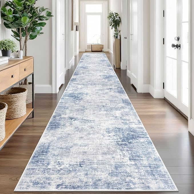 IOHOUZE Abstract Runner Rug 3x20 Ft Extra Long Washable Runners for Hallways, Non Slip Kitchen Runner Printed Faux Wool Entryway Runner Indoor, Modern Floor Carpet for Hall Stair, Light Blue Grey