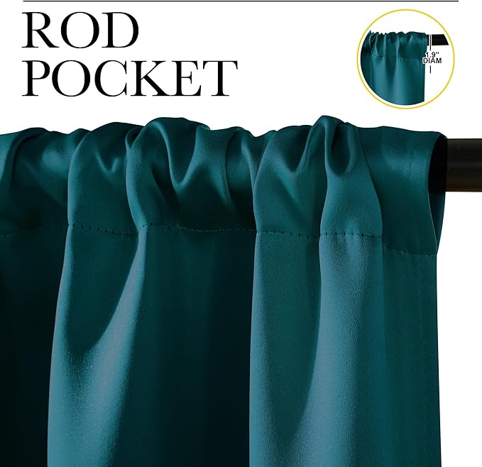 NICETOWN Teal Blackout Cafe Faux Silk Curtains for Small Windows, 42" Wide by 36" Long, 2 Panels, Rod Pocket Thermal Insulated Blackout Satin Drapes for Kitchen