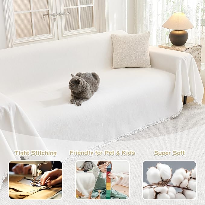 MYSKY HOME Oversized Couch Cover Sofa Covers Couch Covers for 3 Cushion Couch Sofa Pet Friendly L Shaped Couch Cover Sectional Couch Covers Non Slip Furniture Protector for Kids, Dogs, 91"x150", White