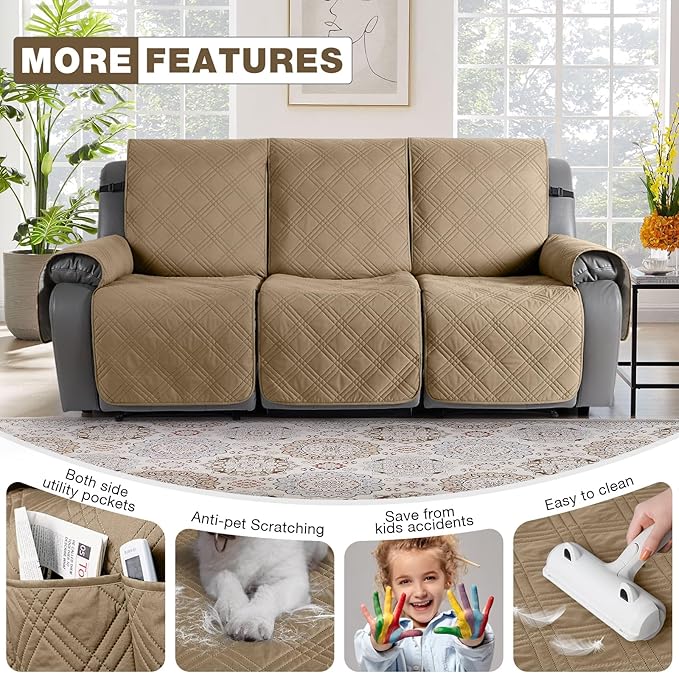 TAOCOCO 100% Waterproof Recliner Sofa Cover, Non Slip Split Couch Covers for Reclining Couches with Elastic Straps, Washable Reclining Sofa Cover Furniture Protector for Kids Pets(3 Seater, Camel)