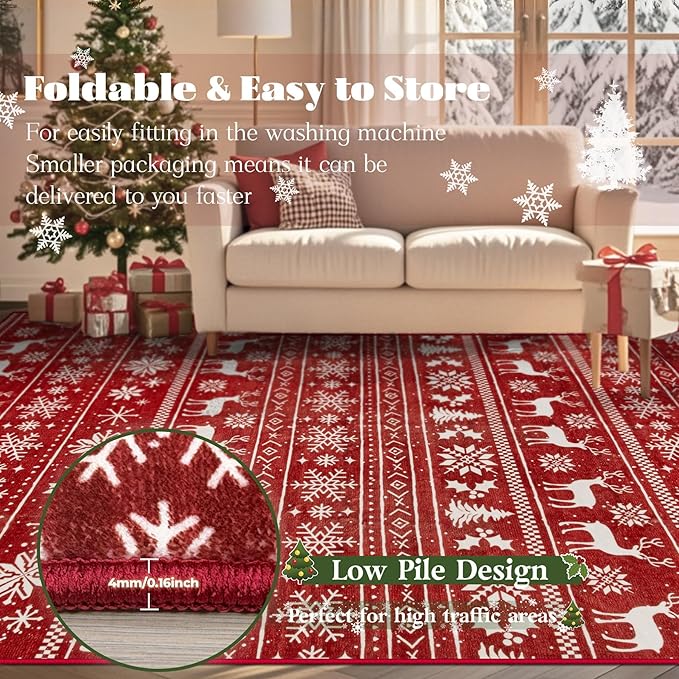 Christmas Runner Rug 2x6 Washable Rugs, Boho Christmas Tree Snowflake Rug Non-Slip Soft Low Pile Non Shedding Indoor Holiday Carpet for Bedroom Bathroom Laundry Staircase Foyer (XmasRed, 2'x6')
