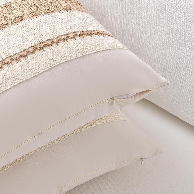 Fancy Homi Set of 1 Boho Neutral Long Lumbar Decorative Throw Pillow Cover 14x24 Inch for Couch Bed Sofa Chair, Modern Organic Farmhouse Home Decor, Soft Cotton Cute Accent Tan Rectangle Cushion Case