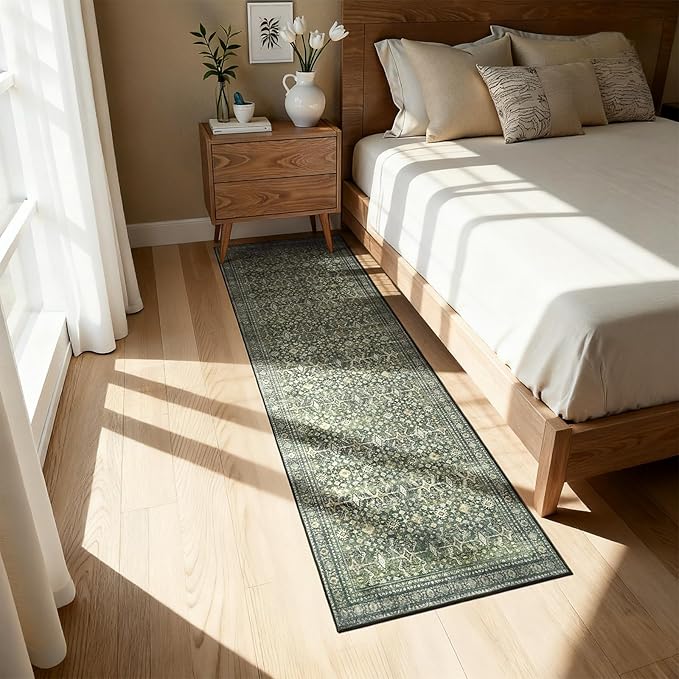 Lofus 2X 6 Area Rug, Green Washable Runner Rugs for Hallways with Non Slip Rubber Backing, Low Pile Soft Carpet Runner for Kitchen Bathroom Bedroom Laundry