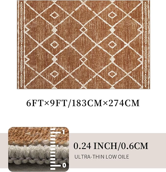 YIHOUSE Western Rugs for Living Room, 6x9 Moroccan Area Rug, Aztec Burnt Orange Large Rug, Southwestern Soft Low-Pile Washable Rugs for Bedroom, Dining Room