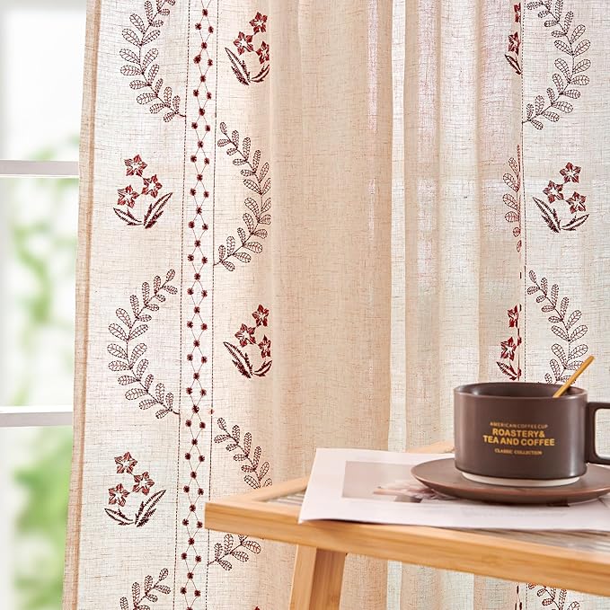 jinchan Belrose Linen Curtains for Bedroom Floral Curtains 63 Inch Length Linen Blend Burgundy Red Embroidered Drapes Farmhouse Flower Patterned Drapes for Living Room Window Treatments Set 2 Panels