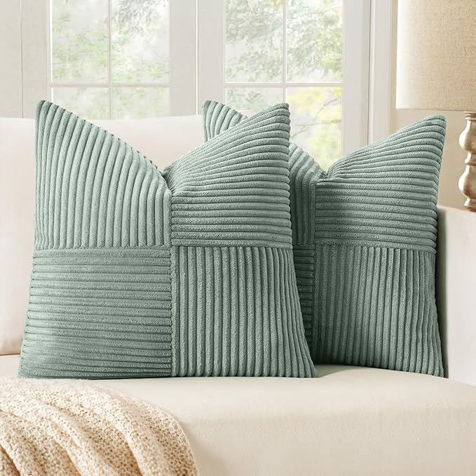 MIULEE Greyish Green Decorative Throw Pillow Covers 20x20 Inch for Couch Bed Sofa Spring Decor Pack of 2 Boho Farmhouse Throw Pillows Soft Cross Corduroy Patchwork Textured Cushion Cases