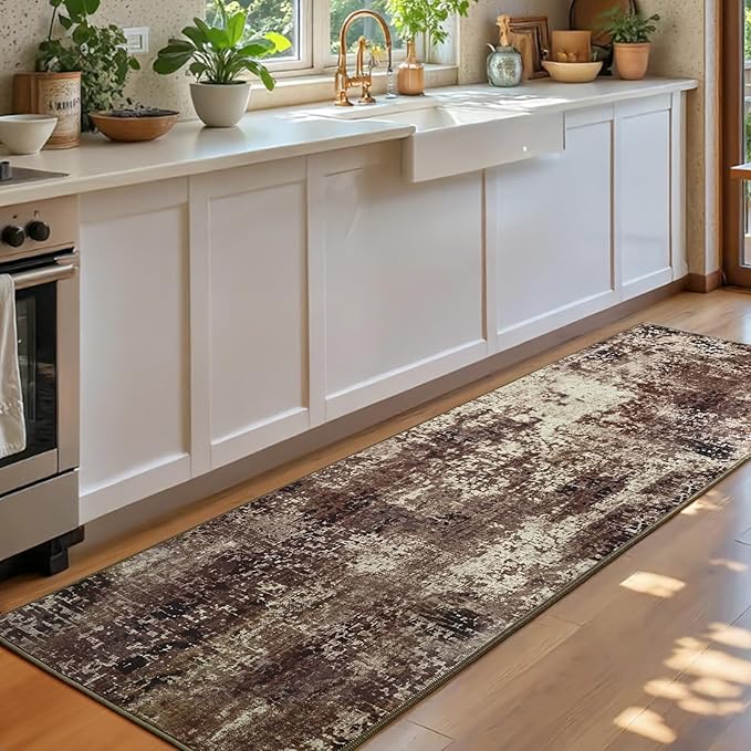 2x6 Brown Rug Runners for Hallways Kitchen Runner Rug Non Slip Washable Coffee Long Runner Rugs with Rubber Backing Soft Abstract Carpet Runner for Bedroom, Kitchen, Bathroom, Entryway