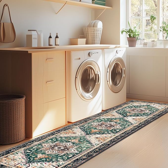 Yamaziot Washable Runner Rug, 2x8 Non-Slip Boho Vintage Hallway Rug Runner with Rubber Backing, Stain Resistant & Low Pile Faux Wool Distressed Carpet Runner for Kitchen, Laundry, Entrance, Turquoise