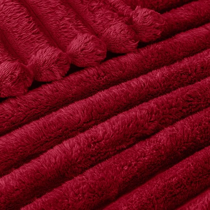 Exclusivo Mezcla King Size Flannel Fleece Blanket, Super Soft Striped Jacquard Bed Blanket, Lightweight Fuzzy Cozy for All Seasons, 90x104 Inches, Deep Red