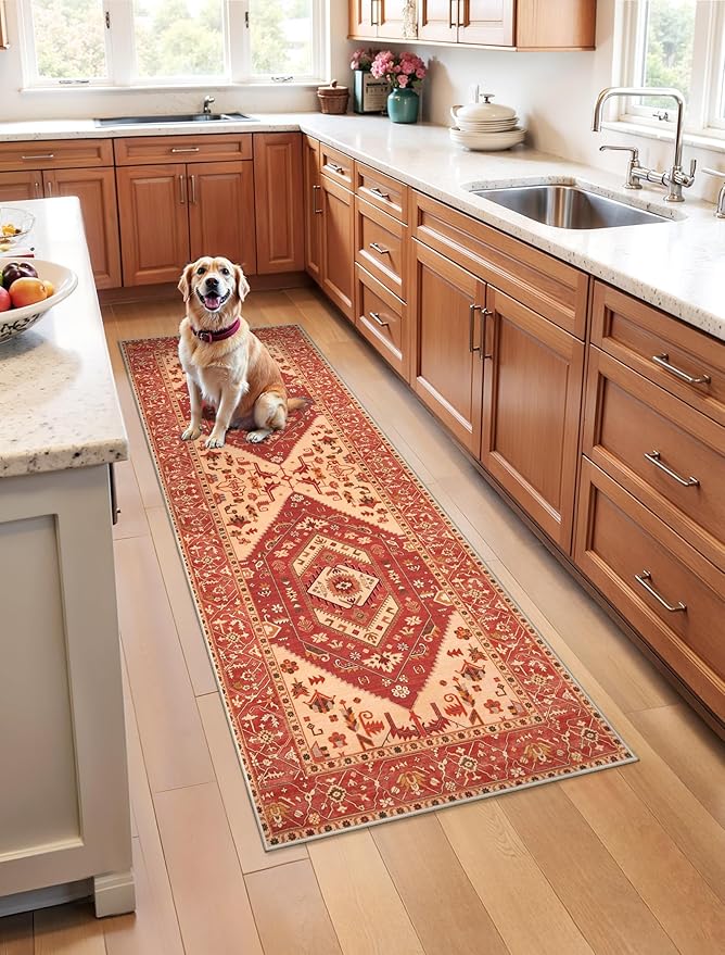 SERISSA Boho Washable Runner Rug, 2x5 Rug Runner Non-Slip Vintage Red Hallway Kitchen Runner Rug Ultra Soft Print Distressed Floor Carpet Runner for Bedroom Bathroom Laundry Living Room