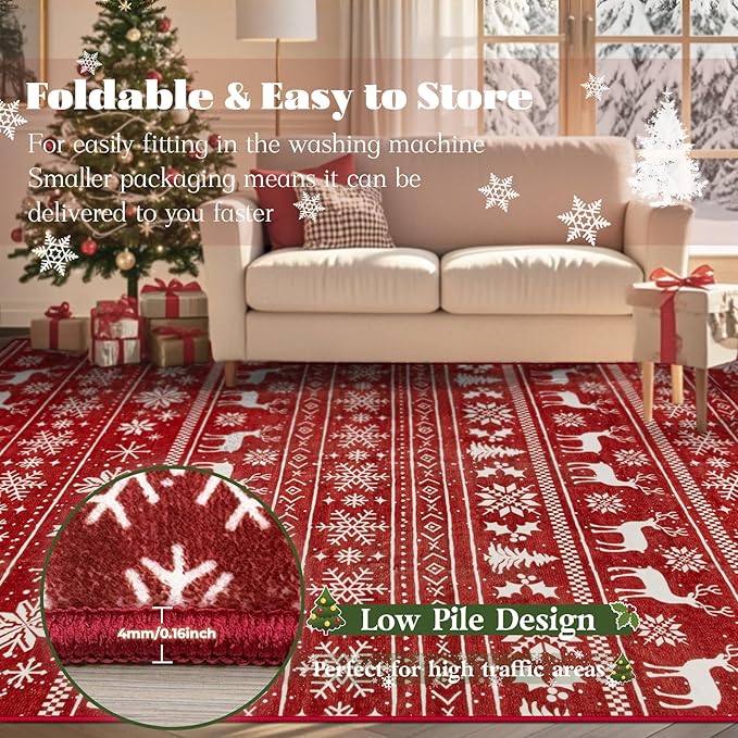 Christmas Rug 6x9 Washable Rugs, Boho Christmas Tree Snowflake Rug Non-Slip Soft Low Pile Non Shedding Indoor Holiday Carpet for Living Room Bedroom Dining Room Home Office (XmasRed, 6'x9')