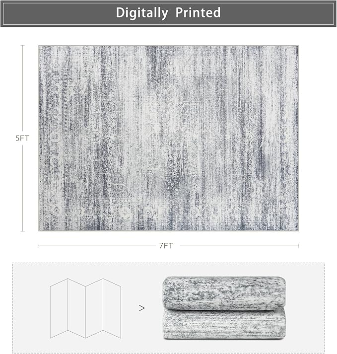 Washable Rugs 5x7 Area Rugs for Living Room,Rugs for Bedroom,Large Carpets,Ultra Soft Faux Wool Retro Dining Room Rug,Non Slip&Non-Shedding Low Pile Vintage Print Rug for Home Office-Grey Cream