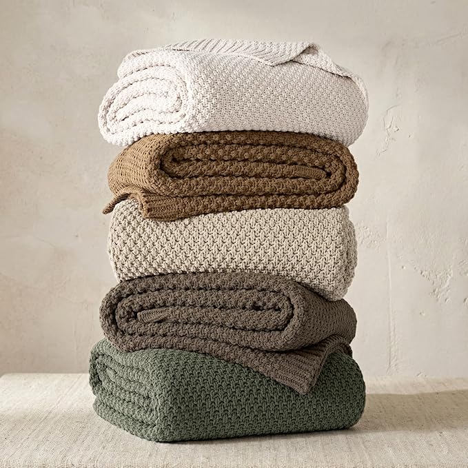 EVERGRACEHOME Chunky Chenille Knit Throw Blanket for Couch, Soft Luxurious Oversized Queen Moss Stitch Blanket for Bed, Cozy Farmhouse Knitted Throw for Sofa, Camel Brown, 90" x 90"