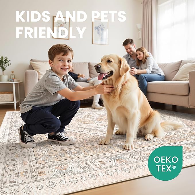zesthome 8x10 Area Rugs for Living Room,Non-Slip Backing Washable Rugs,Vintage Large Area Rug，Stain Resistant Home Decor Rug