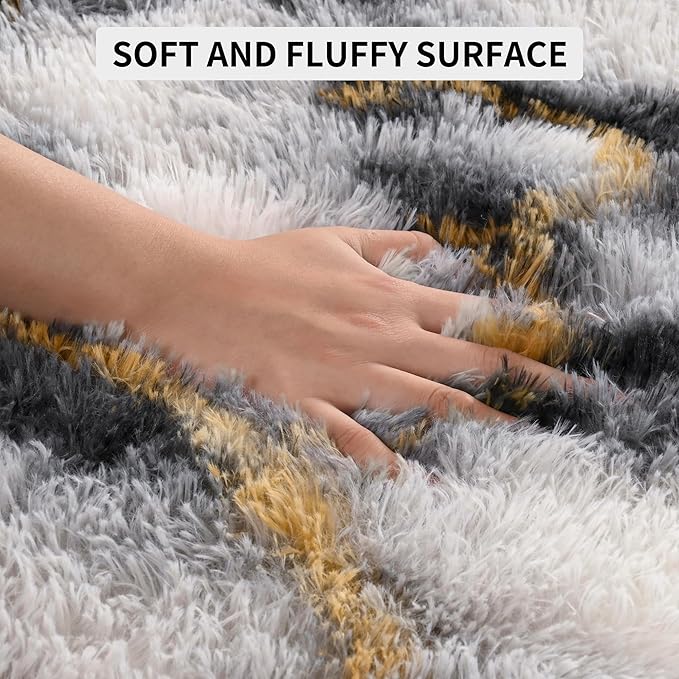 Tepook Fluffy Large Rugs for Living Room, Area Rug 6x9 Soft Carpet for Bedroom, Modern Shaggy Rug for Kids Boys Girls, Plush Indoor Nursery Home Decor Rug with Non-Slip Bottom, White Black Gold