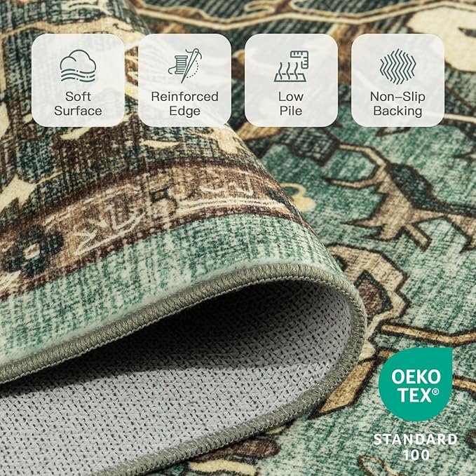 Lofus 8x10 Area Rugs for Living Room, Washable Area Rug, Rugs for Bedroom, Kitchen, Vintage Boho Carpet, Soft Non-Slip, Low Pile Large Area Rug for Office Dining Room, Green