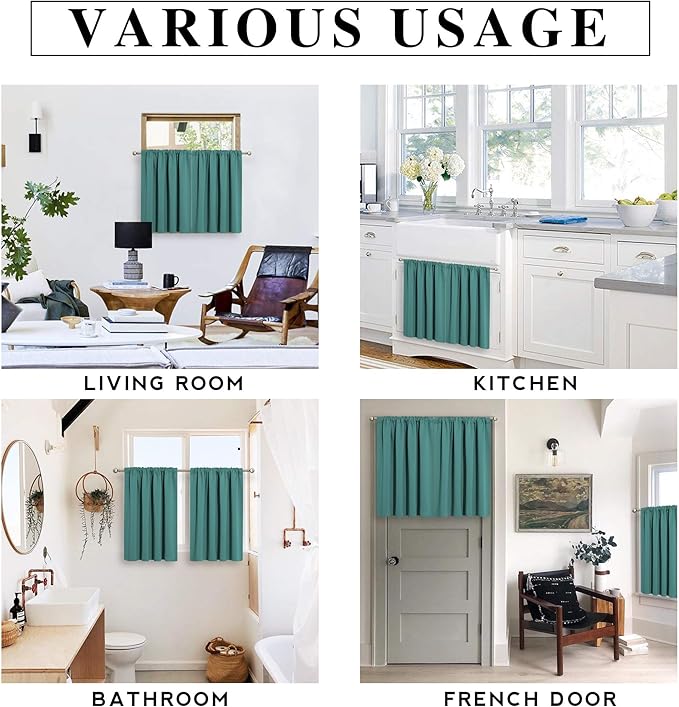 RYB HOME Short Teal Blackout Curtains for Small Bedroom Window, Insulating UV Blocking Drapes for Kitchen Cafe Basement Garage, Privacy Tiers for Bathroom Window, Width 42 by Length 36, Set of 2