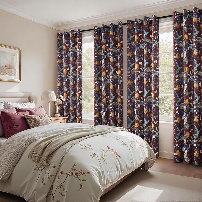 Topfinel Rust Floral Curtains 96 Inches Long 2 Panels Unique Beige Luxury Elegant Colorful Euro Flower Hummingbird Patterned Rustic Vintage Grommet Drapes for Classroom Room Office Closet