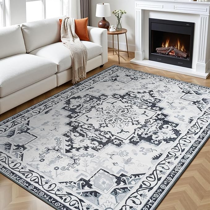 Rugflix 6x9 Area Rug for Living Room, Machine Washable Area Rugs with Non-Slip Backing, Large Soft Boho Vintage Rug for Bedroom, Dining Room, Low Pile Carpet, Kids Pet Friendly, Grey