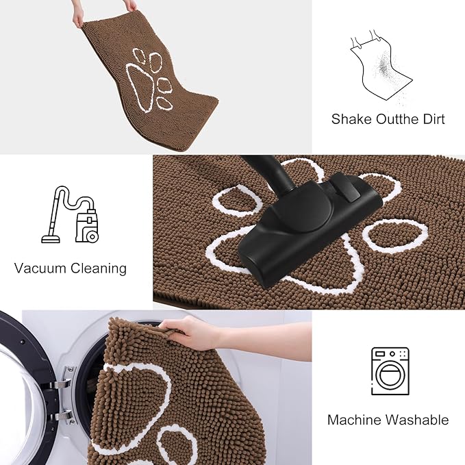 Smiry Dog Door Mat for Muddy Paws, Absorbent Dirt Trapper Non Slip Quick Dry Washable Chenille Mat for Mud Dogs, Entry Rug for Indoor and Outdoor (36x24 Inches, Coffee and White)