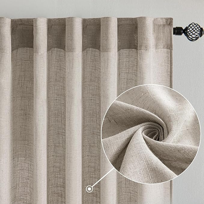 MIULEE Burlywood Birch Linen Curtains 96 Inches Long 2 Panels for Bedroom Living Room, Soft Linen Textured Window Drapes Semi Sheer Light Filtering Back Tab Rod Pocket Farmhouse Burlap Look Decor