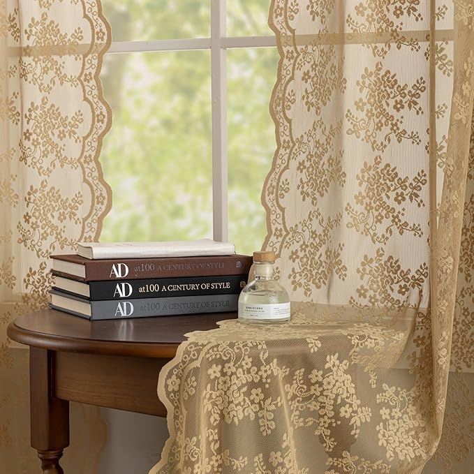 YJ YANJUN Vintage Lace Curtains 96 Inches Long-Victorian Floral Pattern Tan Sheer Curtain Panels for Living Room Bedroom,Light Filtering, Rustic Farmhouse Neutral Decor 2 Panels 52W x 96L Taupe