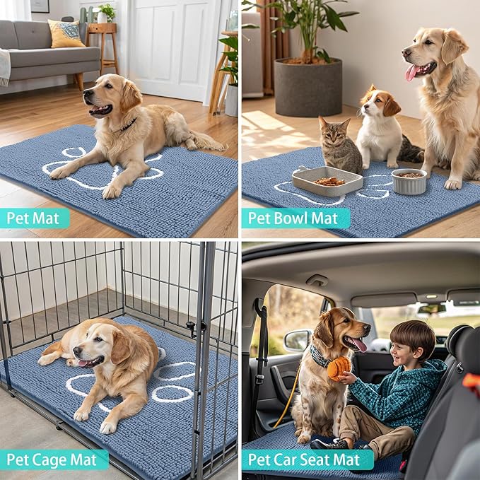 Smiry Dog Door Mat for Muddy Paws, Absorbent Dirt Trapper Non Slip Quick Dry Washable Chenille Mat for Mud Dogs, Entry Rug for Indoor and Outdoor (36x24 Inches, Airy Blue and White)