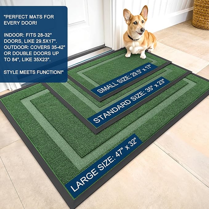 OLANLY Front Door Mat Indoor Outdoor Entrance, Waterproof All-Season, All-Weather Doormat, Sturdy Natural Rubber, Fade Resistant, Low Profile, Easy Clean Patio Porch Entryway Mat, 71x23, Green