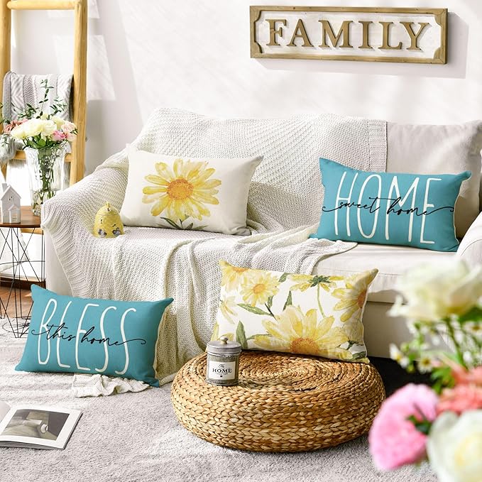 AVOIN colorlife Home Sweet Home Spring Summer Flowers Yellow Throw Pillow Covers, 12 x 20 Inch Blue Cushion Case for Sofa Couch Set of 4