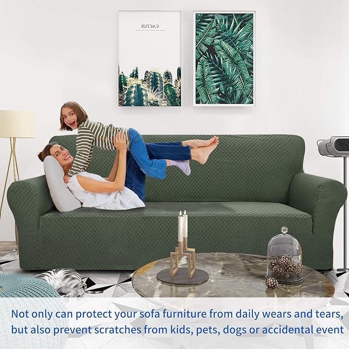ZNSAYOTX 1 Piece Jacquard Couch Covers for 3 Cushion Couch Living Room High Stretch Sofa Cover Pets Dogs Friendly Anti Slip Thickened Slipcovers Furniture Protector (Sofa, Army Green)