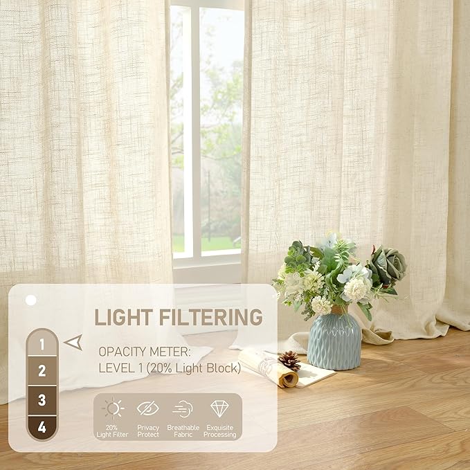 LAMIT Beige Linen Curtains 63 inches Long, Light Filtering Linen Textured Semi Sheer Back Tab and Rod Pocket Boho Drapes for Bedroom/Living Room, 2 Panels, 70 x 63 Inch
