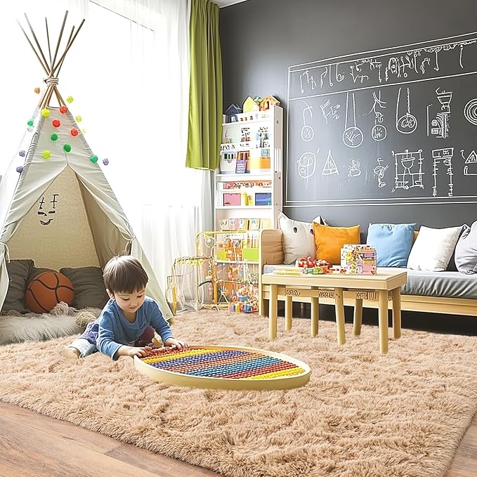 Pionblank 9x12 Area Rug, Large Area Rug for Living Room, Shag Rug for Bedroom, Soft Furry Non Slip Carpet for Kids Room Nursery Teens Dorm Home Decor, Camel