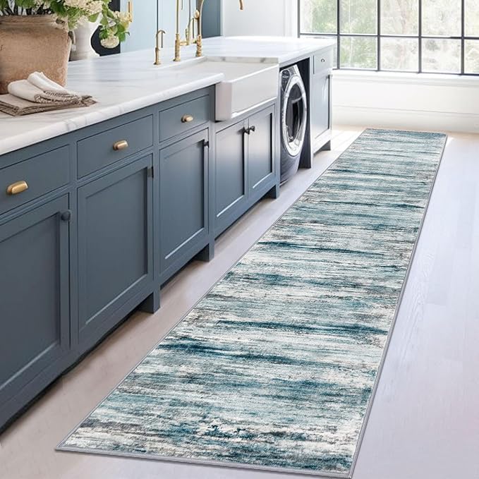 KOZYFLY Modern Abstract Hallway Runner, 2x12 Washable Rug Runner Non-Slip Soft Striped Kitchen Runner Rug, Light Blue Print Carpet for Entryway Bathroom Laundry Room Foyer