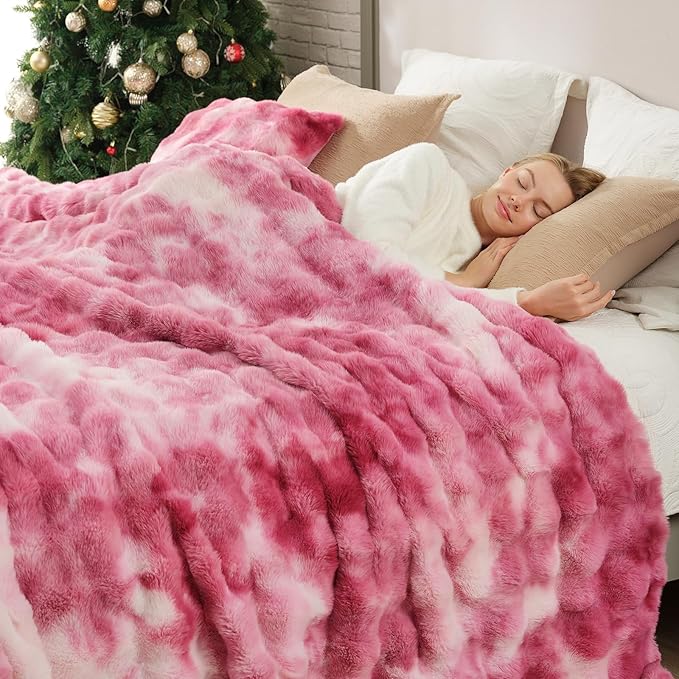 Cozy Bliss Faux Fur Throw Blanket for Bed King Size, Bubble Plush Blanket, Fuzzy Soft & Thick Blanket for Bed Sofa Living Room, 108x90 Inches Tie-dye Pink