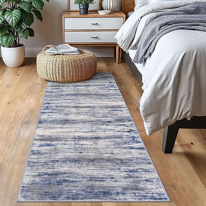 KOZYFLY Modern Abstract Washable Rug Runner 2x6 Runners for Hallways Non-Slip Soft Kitchen Runner Rugs, Print Grey-Blue Striped Carpet Runner for Entryway Bathroom Laundry Room Foyer
