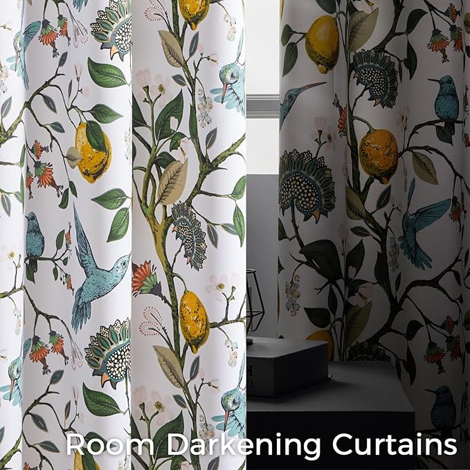 Topfinel Kitchen Curtains 45 Inch Length White Vintage Blackout Curtains for Cafe Kitchen, Short Grommet Luxury Whimsical Floral Hummingbird Patterned 45 Inches Long for Living Room Bedroom