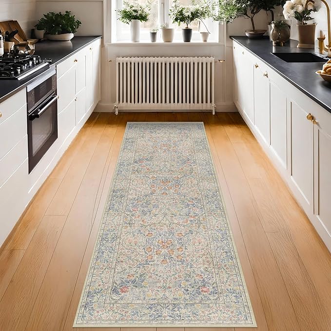 Hazo Haus Non Slip Beige Blue Hallway Runner Rug - Long Runner Rugs 2x7 Washable Kitchen Floor Mat, Laundry Room Rug, Bathroom Runner - Vintage Design Décor