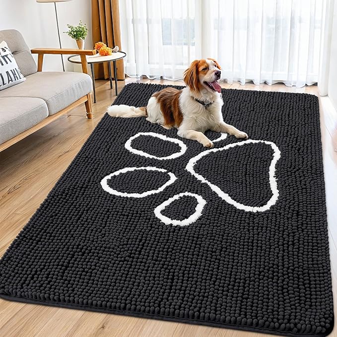 Smiry Dog Door Mat for Muddy Paws, Absorbent Dirt Trapper Non Slip Quick Dry Washable Chenille Mat for Mud Dogs, Entry Rug for Indoor and Outdoor (70x35 Inches, Black and White)