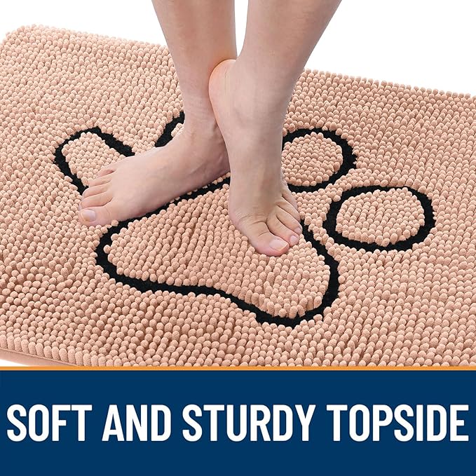 OLANLY Dog Door Mat for Muddy Paws 30x20, Paw Print Design, Absorbs Moisture and Dirt, Absorbent Non-Slip Washable Doormat, Quick Dry Chenille Mud Mat for Dogs, Entry Indoor Entryway Carpet, Peach