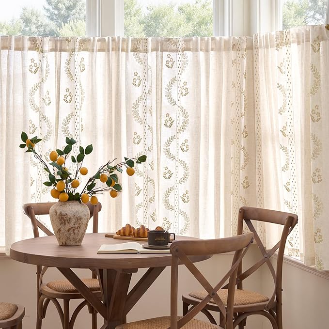 jinchan Belrose Linen Floral Cafe Curtains 54 Inch Length Embroidered Farmhouse Curtains for Kitchen Bedroom Bathroom Small Windows Curtain Set Light Filtering 2 Panels Beige