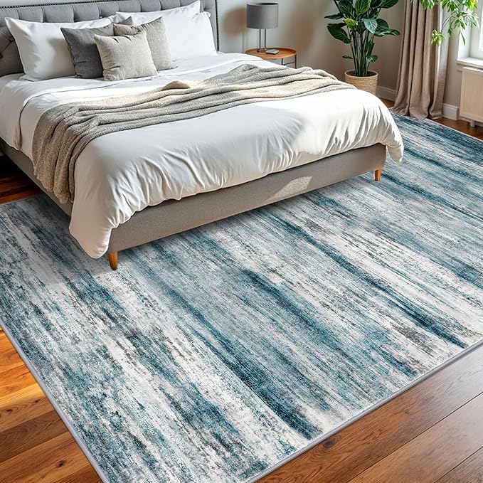 KOZYFLY Area Rug 8x10 Modern Living Room Rug, Washable Large Thin Rugs Non-Slip Soft Striped Rug for Bedroom, Print Blue Abstract Carpet for Laundry/Kid Room