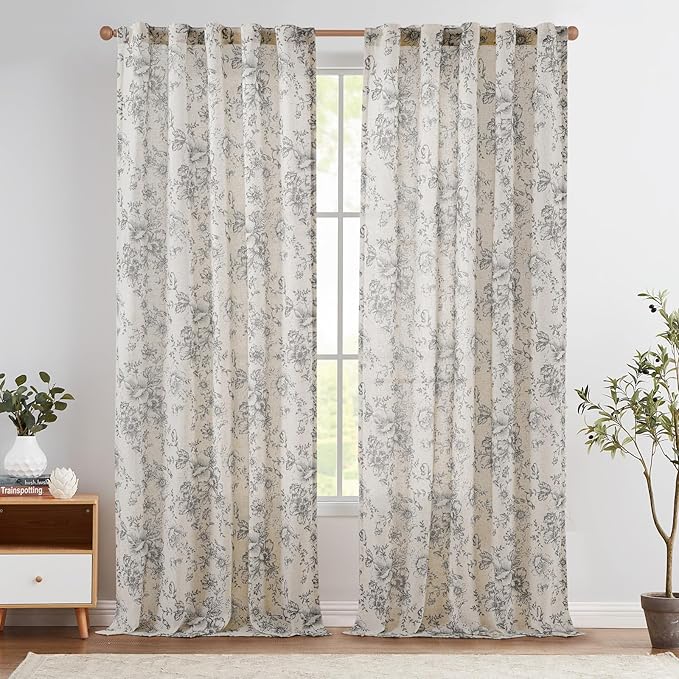 jinchan Linen Blend Curtain Floral Curtains for Living Room 96 Inch Length Grey Printed Curtain Rod Pocket Back Tab Farmhouse Peony Flower Patterned Drapes Bedroom Window Curtains Set 2 Panels