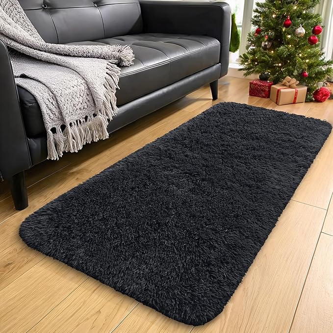 OLANLY 2x8 Machine Washable Runner Rugs for Hallway, Soft Fluffy Shaggy Bedside Rugs for Bedroom, Living Room, Indoor Floor Carpet for Kids Girls and Boys, Nursery Rooms, Home Decor Aesthetic, Black