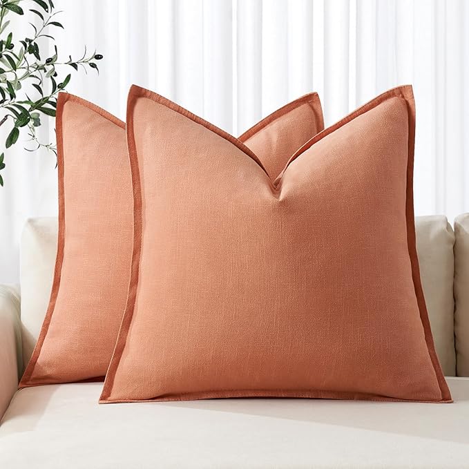 MIULEE Decorative Linen Euro Sham Pillow Covers 22x22 Inch Coral Boho Farmhouse Neutral Spring Couch Throw Pillows for Bed Pack of 2 Accent Modern Pillowcase Summer Sofa Livingroom Home Decor