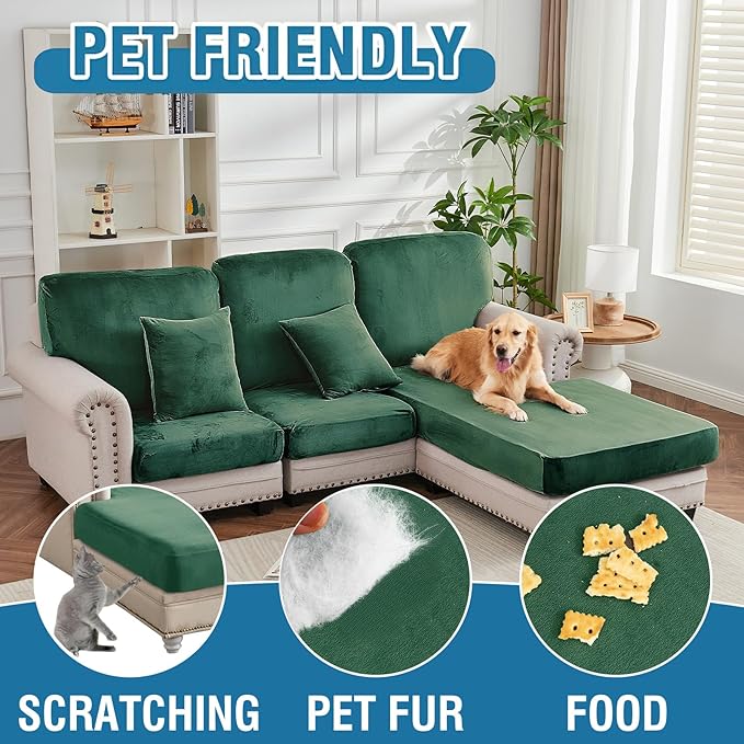Couch Cover 6-Piece Elastic Velvet Couch Cushion Covers & Chaise Slipcovers for L-Shaped Sofas, Sofa Seat Covers Washable, Soft Cover for Couches (5 Seater + Chaise, Christmas Green)