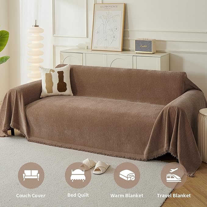Couch Cover for Dogs, Boho Sofa Covers for 3 Cushion Couch, Chenille Sofa Slipcover for Pets Washable, L-Shape Sectional Couch Loveseat Cover Soft Throw Blankets with Tassels(91x134,Coffee)